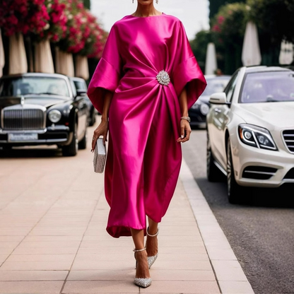 Women’s Midi Dress – Relaxed Fit – Silk Feel – Draped Waist – Brooch Accent – Formal Wear