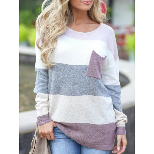 Striped Pocket Knit Loose Fit Pullover Sweater 