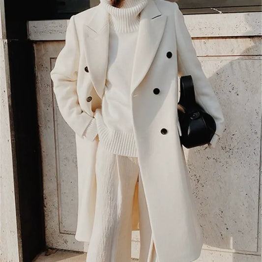Slim Wool Feel Double-Breasted Long Coat 