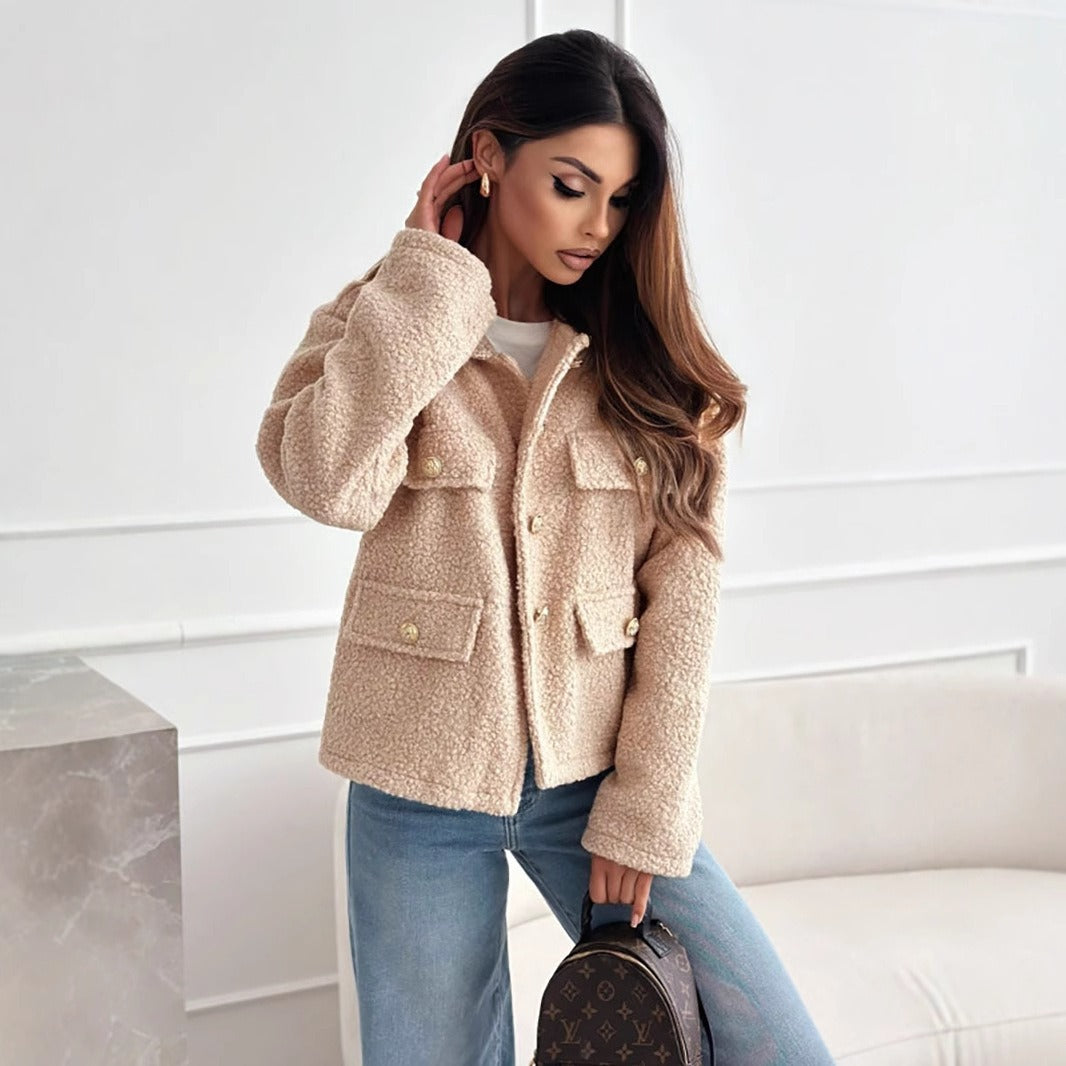 Women’s Jacket - Bouclé Knit - Relaxed Fit - Cropped Hip Length - Metallic Buttons
