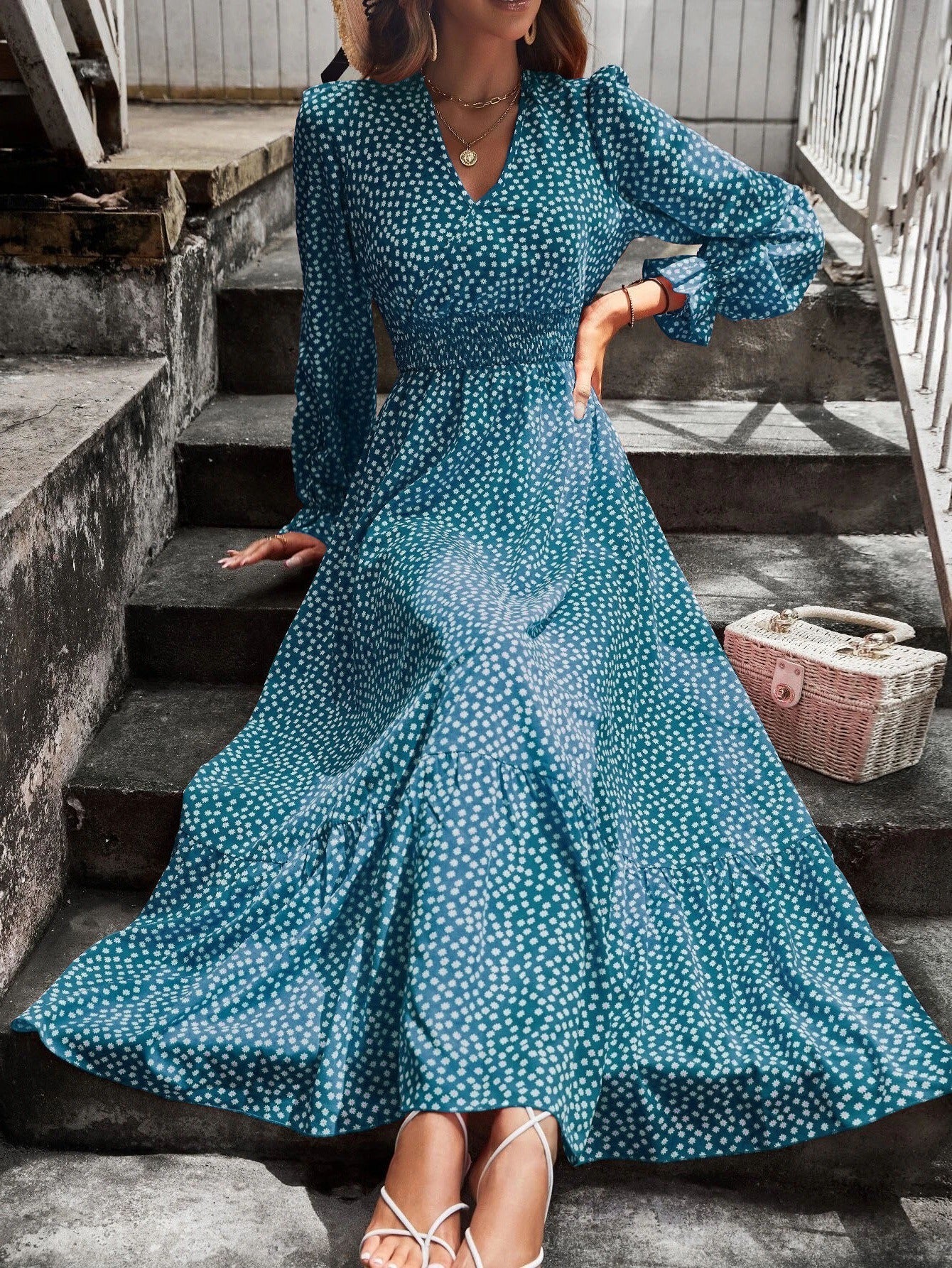 Polka Dot Flared V-Neck Midi Dress 