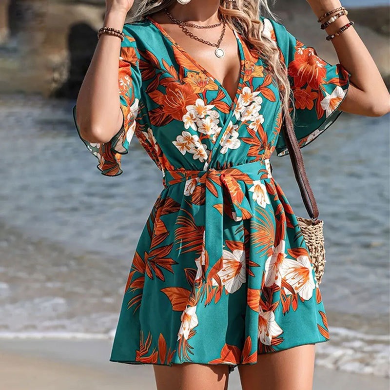 Floral Print Belted Wrap Romper 