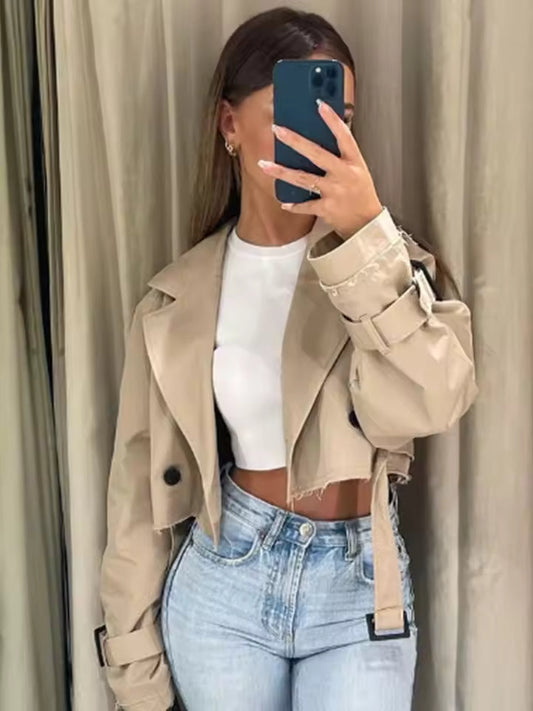 Belted Cotton Blend Cropped Trench Coat 