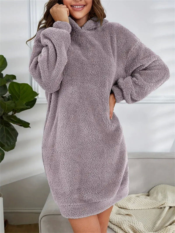 Women’s Hoodie Dress – Oversized Fit – Fleece Texture – Long Sleeve Lounge Wear
