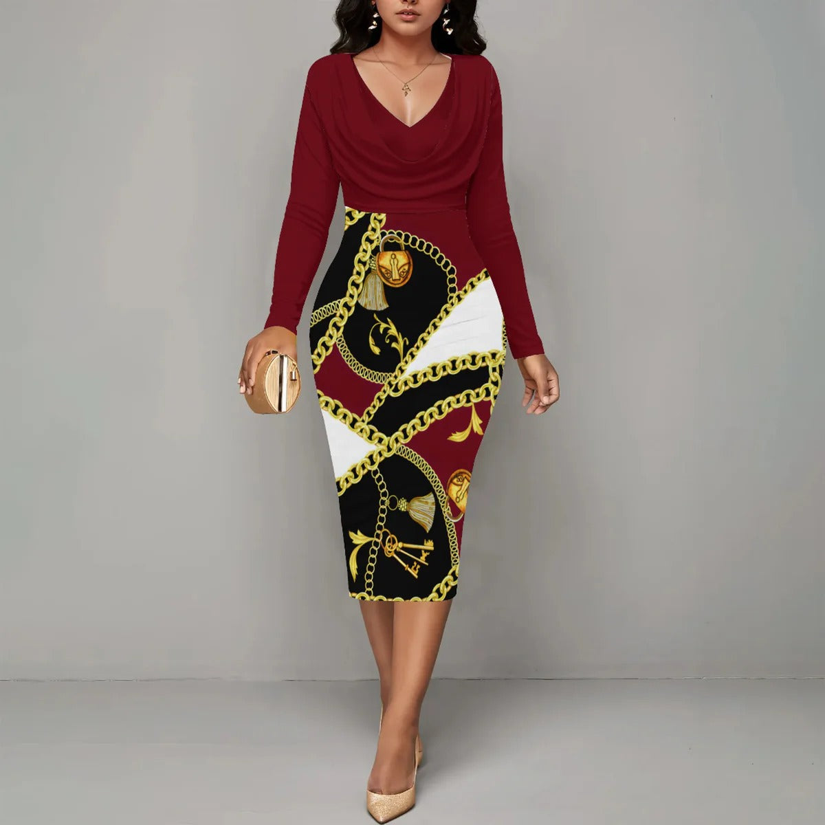 Chain Detail Fitted Wrap Neckline Midi Dress 