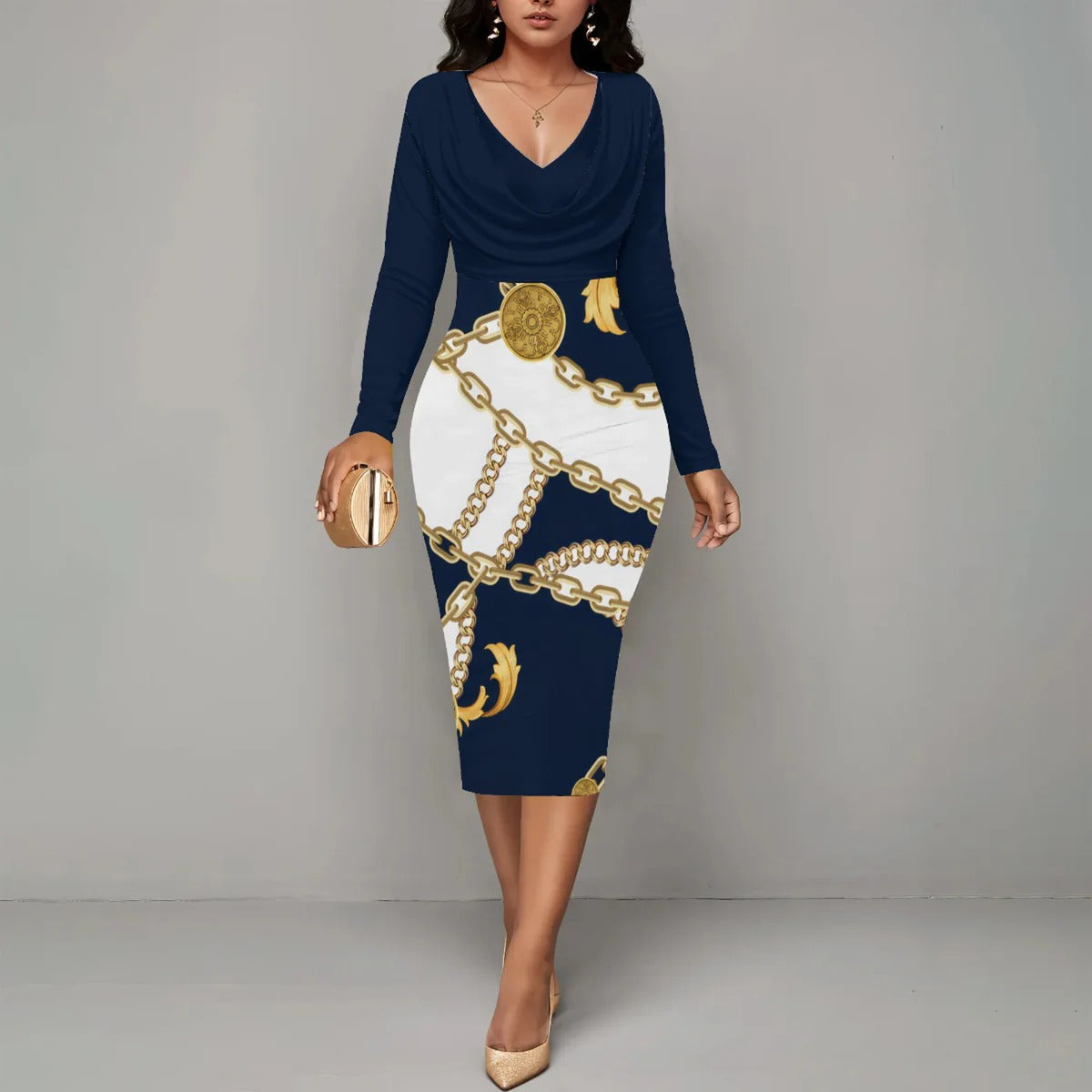 Women’s Midi Dress – Fitted Silhouette – Wrap Neckline – Long Sleeve – Chain Detail