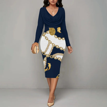 Women’s Midi Dress – Fitted Silhouette – Wrap Neckline – Long Sleeve – Chain Detail