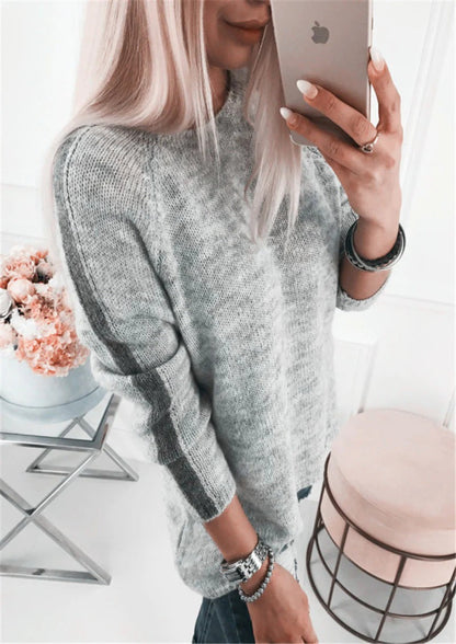 Women’s Knitted Sweater – Loose Fit – Soft Cotton Blend – Stripe Sleeve Detail
