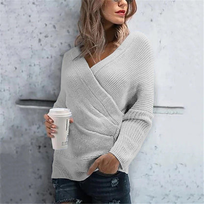 Women’s Wrap Sweater – Textured Knit – V-Neck – Relaxed Fit – Ribbed Hem – Hip Length