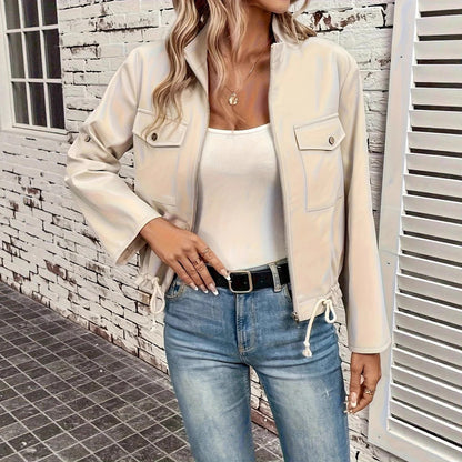 Women’s Biker Jacket – Faux Leather – Relaxed Fit – Cropped with Zip Front and Drawstring Hem