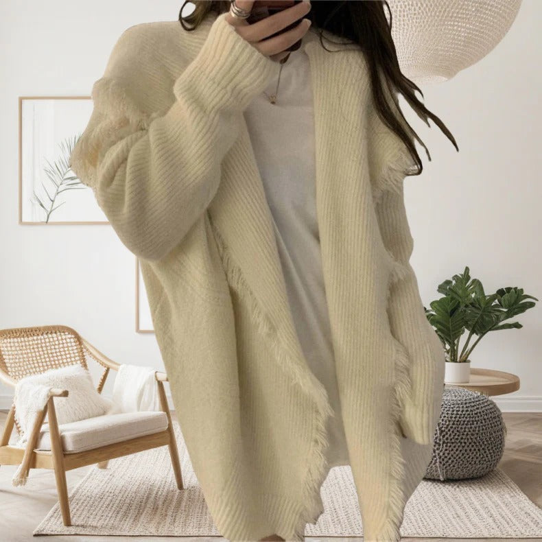 Women’s Knit Cardigan – Oversized Fit – Open Front – Frayed Edge Casual Layer