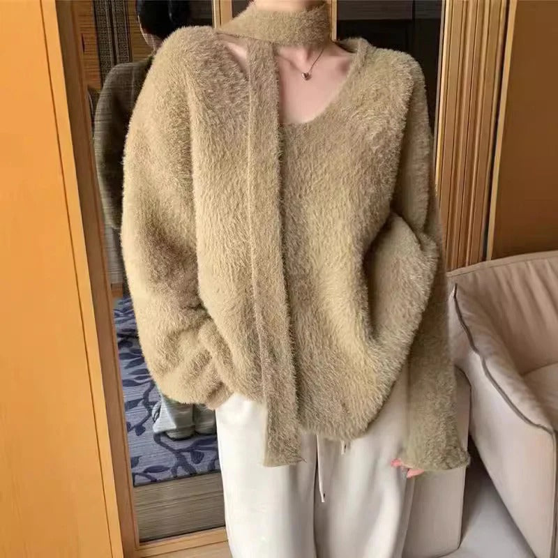Women’s Pullover Sweater – Oversized Fit – Chunky Wool Knit – Deep V-Neck Band Detail