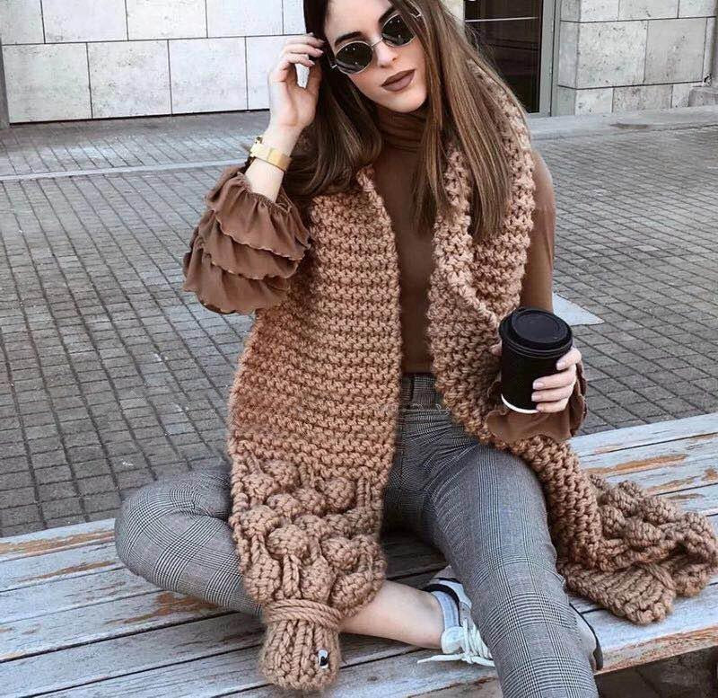 Chunky Cable Knit Oversized Wool Blend Scarf 