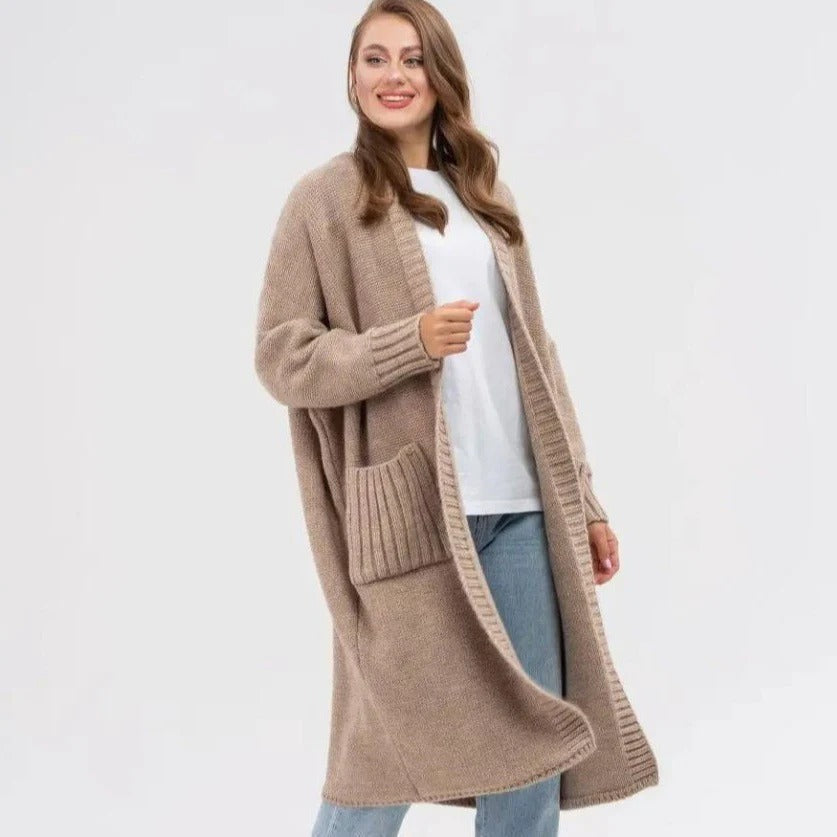 Women’s Cardigan – Oversized Fit – Soft Wool Texture – Longline Open Front with Pockets