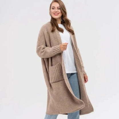Women’s Cardigan – Oversized Fit – Soft Wool Texture – Longline Open Front with Pockets
