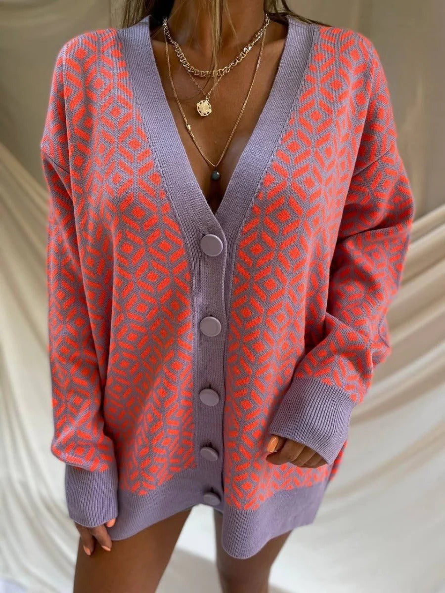Women’s Cardigan – Oversized Fit – Wool Blend – V-Neck – Geometric Knit Pattern