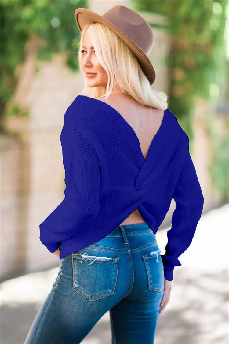 Wool Blend Open Back Twist Pullover Sweater 