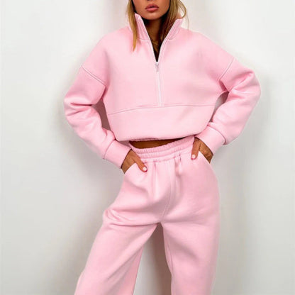 Women’s Two-Piece Sweat Set – Relaxed Fit – High Collar Half Zip Top – Elastic Waist Pants – Cotton Blend