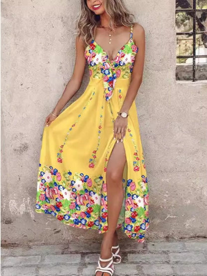 Women’s Maxi Dress – A-Line Fit – V-Neck – Spaghetti Straps – Floral Print – Front Slit