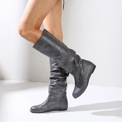Women’s Boots - Faux Leather - Mid-Calf Slouchy Shaft - Low Block Heel - Pull-On