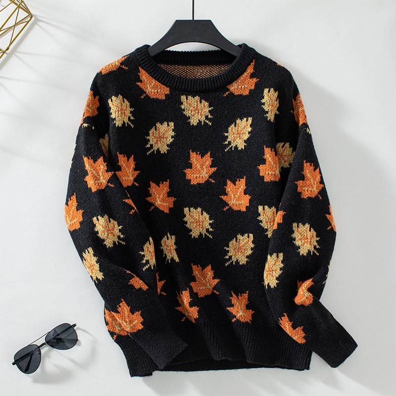 Knit Jacquard Maple Leaf Pattern Sweatshirt 