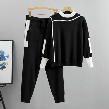 Women’s Knitted Two-Piece Set – Relaxed Fit – Mock Neck Top – Drawstring Pants – Ribbed Hems
