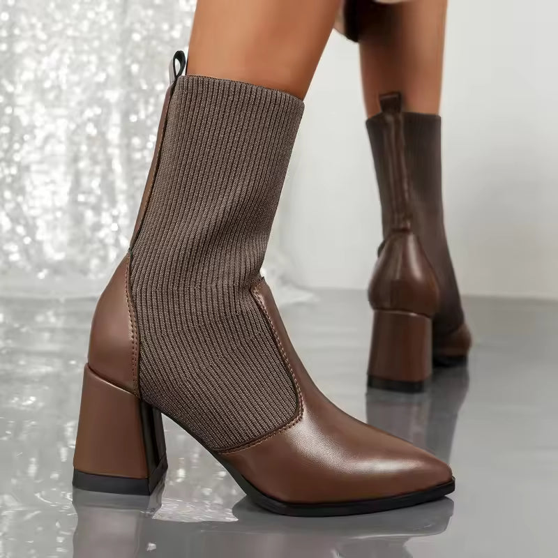 Knitted Sock Upper Pointed Toe Ankle Boots 