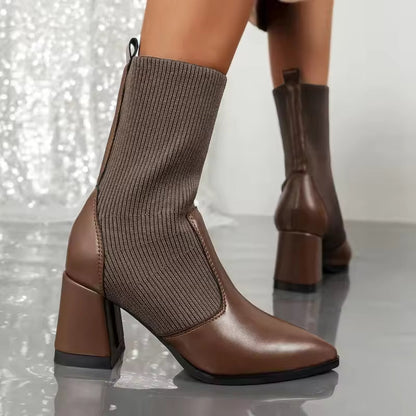 Women’s Ankle Boots – Pointed Toe – Knitted Sock Upper – Block Heel – Sleek Fit