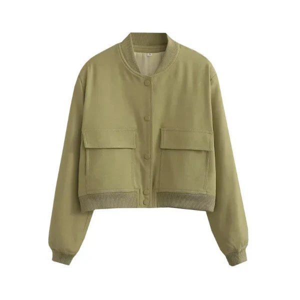 Women’s Bomber Jacket – Relaxed Fit – Cropped Waist – Button Front – Flap Pockets