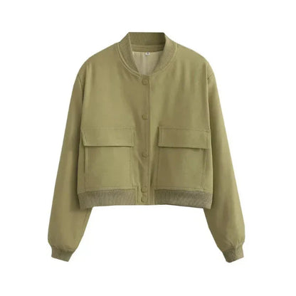 Women’s Bomber Jacket – Relaxed Fit – Cropped Waist – Button Front – Flap Pockets