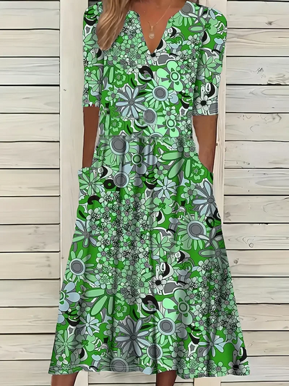 Women’s Maxi Dress – Fit and Flare – V-Neck – Short Sleeve – Floral Print – Pockets – Breathable Blend
