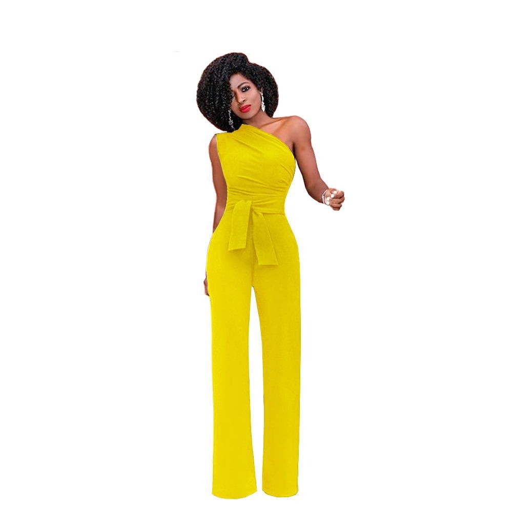 Women's One-Shoulder Jumpsuit - Fitted Waist Tie - Sleek Straight-Leg Elegant Style