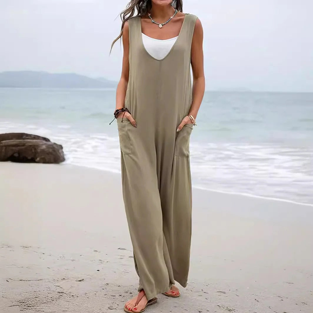 Relaxed Fit Cotton Blend Wide Leg Jumpsuit 