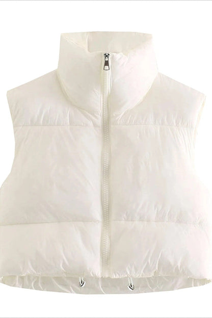 Women’s Puffer Vest – Oversized Fit – Quilted – High Collar – Zipper – Cropped Length