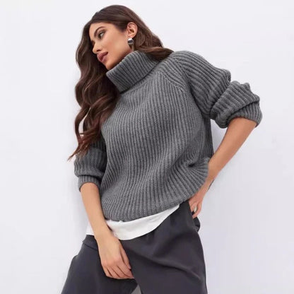 Women’s Knitted Pullover – Relaxed Fit – Ribbed Wool Texture – High Turtleneck