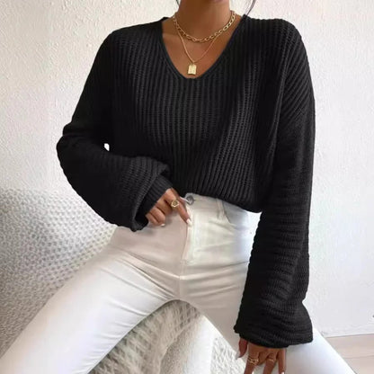 Women’s Sweater – Relaxed Fit – Ribbed Knit – Wide V-Neck – Long Sleeve Casual Wear