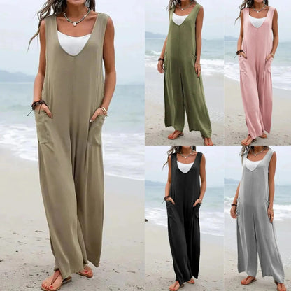 Women’s Jumpsuit – Relaxed Fit – Wide Leg – Sleeveless V-Neck – Cotton Blend