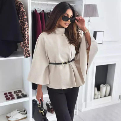 Women’s Blouse – Poncho Style – High Neck – Belted Waist – Draped Relaxed Fit