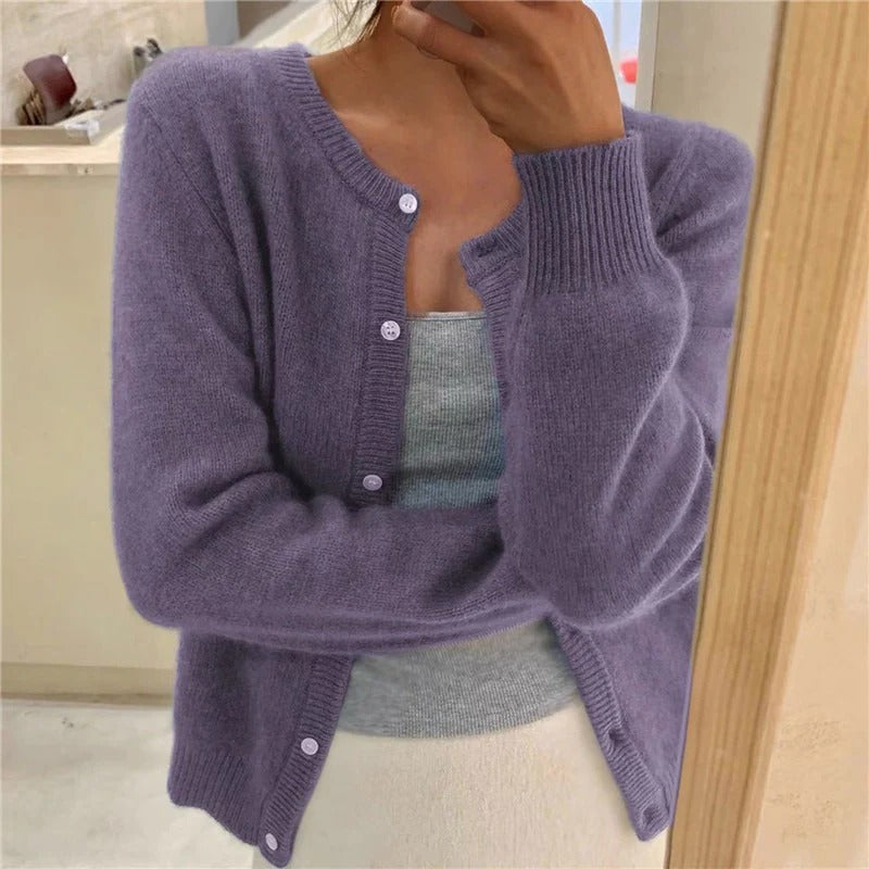 Women’s Knit Cardigan – Wool Blend – Relaxed Fit – Decorative Buttons – Ribbed Trim