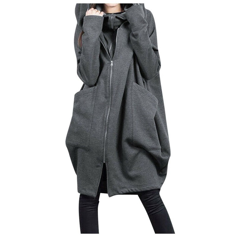 Women’s Mid-Length Coat – Oversized Fit – Hooded – Wool Blend – Zipper Front – Casual Style