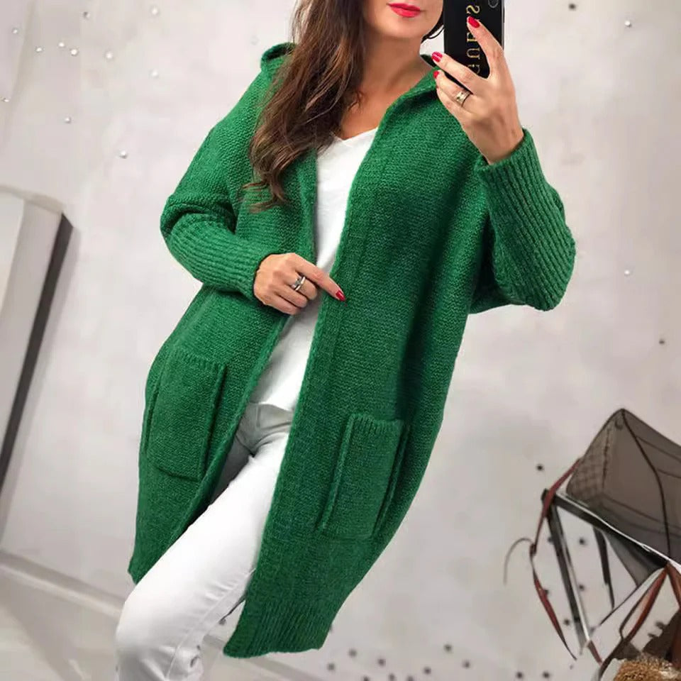 Women’s Cardigan – Oversized Fit – Knit Wool Feel – Hooded – Long Sleeve – Pockets