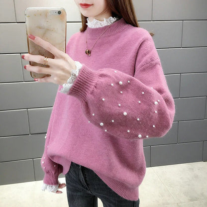 Women’s Knitted Sweater – Wool Blend – Relaxed Fit – Pearl Sleeve Detail – Ribbed Hem