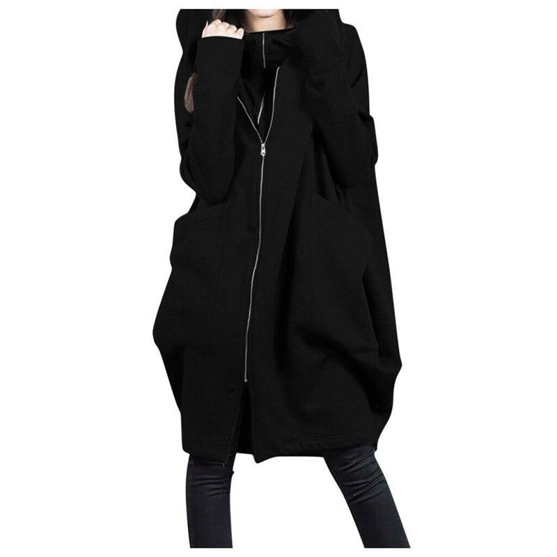 Women’s Mid-Length Coat – Oversized Fit – Hooded – Wool Blend – Zipper Front – Casual Style