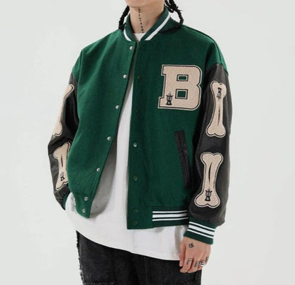 Women’s Bomber Jacket – Relaxed Fit – Wool Blend Body – Faux Leather Sleeves – Graphic Patches