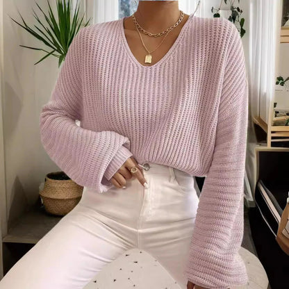 Women’s Sweater – Relaxed Fit – Ribbed Knit – Wide V-Neck – Long Sleeve Casual Wear