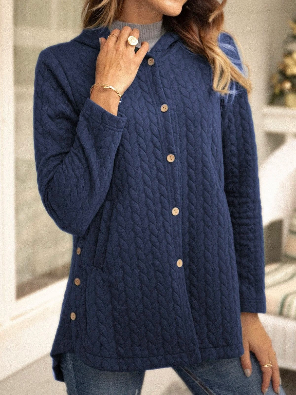 Women’s Coat - Quilted Knit - Hooded - Mid-Thigh Length