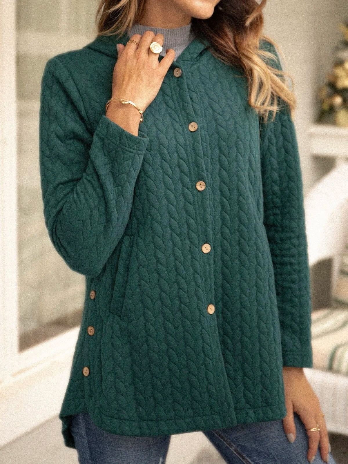 Women’s Coat - Quilted Knit - Hooded - Mid-Thigh Length
