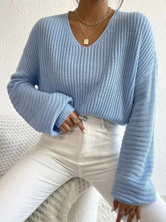Ribbed Knit Relaxed Fit V-Neck Sweater 