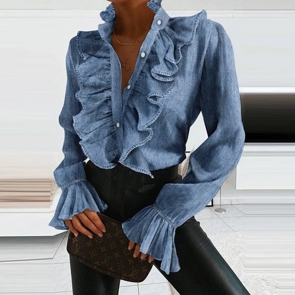 Ruffled Front Fitted Waist Denim Blouse