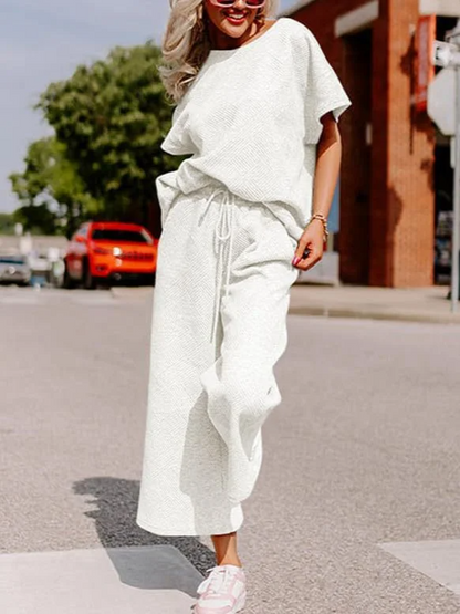 Women’s Two-Piece Set – Soft Knit – Relaxed Fit – Short Sleeve Top and Wide-Leg Pants